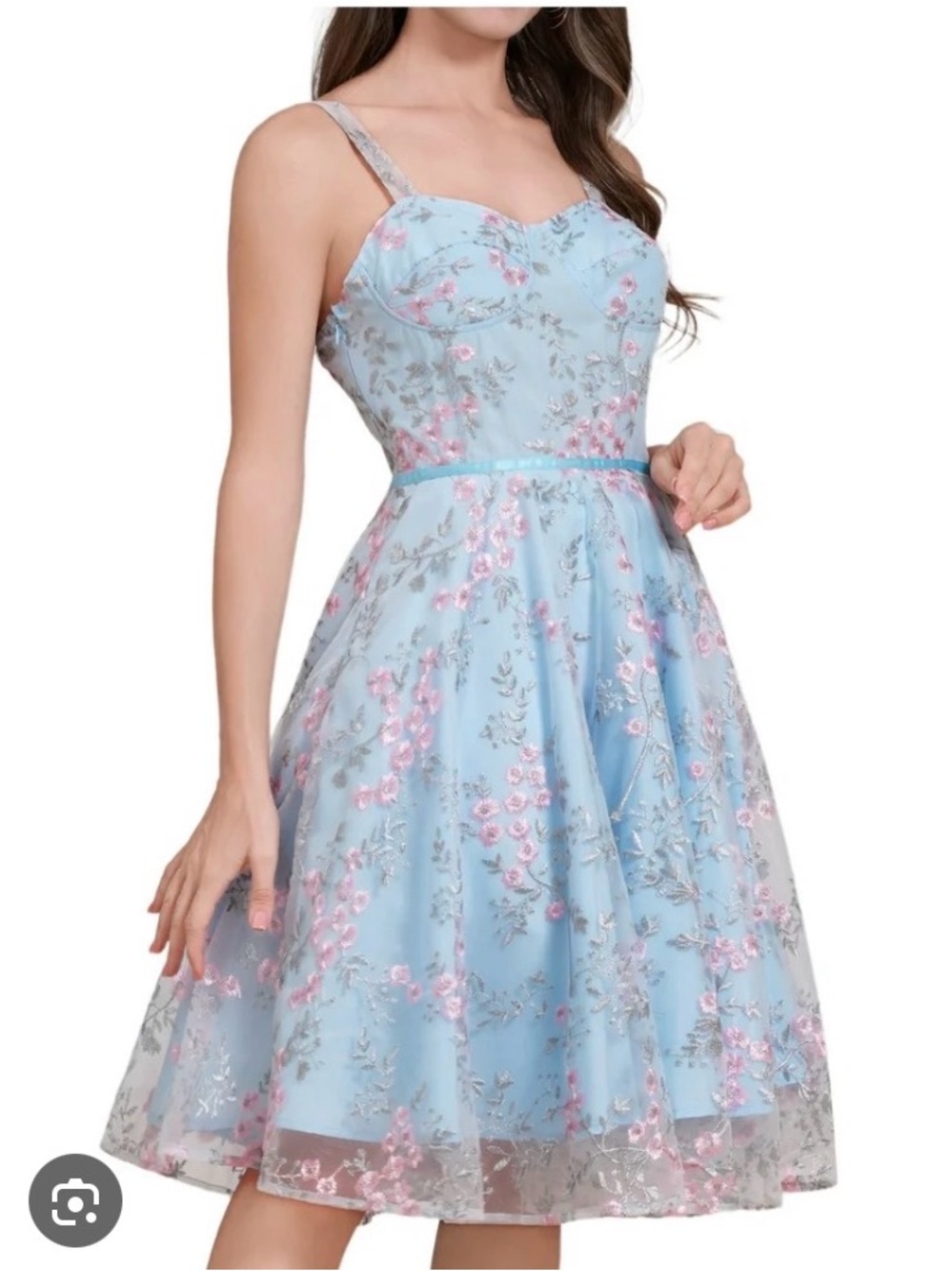 Light Blue Floral A-Line Spaghetti Strap Dress